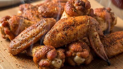 Delicious homemade hot smoked chicken wings with herbs and spices on a wooden board. Easy chicken wings dry rub for bold taste.