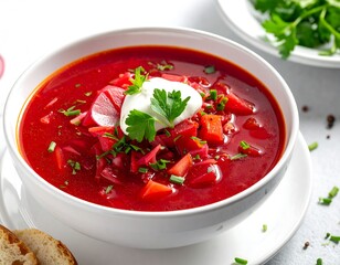 A close-up shot of a vibrant red soup in a white bowl, topped with a dollop of cream and fresh herbs