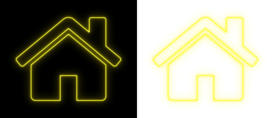 Yellow neon house icon glowing on black and transparent backgrounds, bright home outline symbol for real estate, property, and UI design