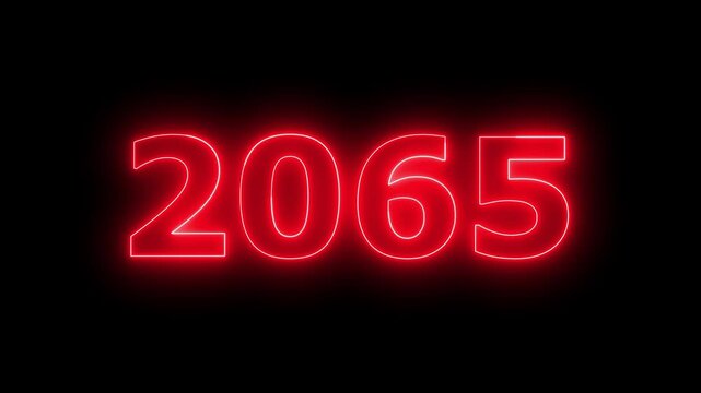 Glowing neon 2065 Happy New Year text with clean neon outlines and subtle. important year, important date 2065. Educational mathematics 2065 animation on background...