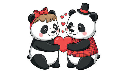 Cute panda couple holding heart