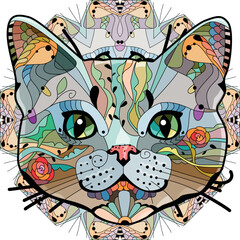 Stylized head of cat on mandala. Hand Drawn lace vector illustration