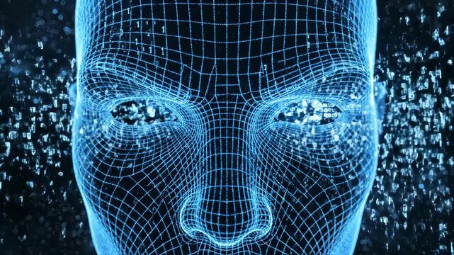 Dynamic dolly zoom on digital wireframe human head awakening. Cybernetic face emerging in blue energy bursts. Futuristic AI activation visualization
