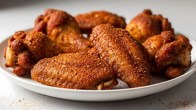 Delicious and savory chicken wings coated in a special dry rub on a white plate. Easy chicken wings dry rub for bold taste.