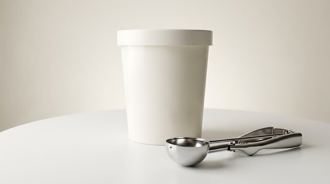 Blank white ice cream tub mockup standing next to a stainless steel metal ice cream scoop on a clean white surface in a studio setting.