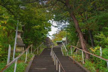 Muroran, Hokkaido, Japan - Oct 4 2024, Panoramic view of the long stairway surrounded by trees leading up to the Shinto shrine, at daytime, without people, Muroram, Japan