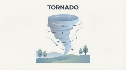 A stylized illustration depicting a powerful tornado vortex touching down over a green landscape with arrows showing rotational wind patterns, labeled "TORNADO".