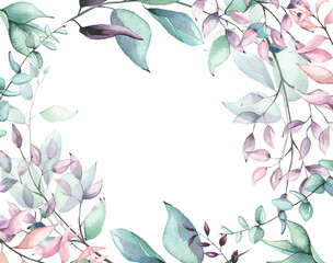 Watercolor hand painted blue, pink, turquoise, green branches and leaves delicate frame. Floral arrangement template design clipart.