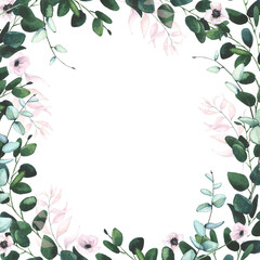 Watercolor hand painted green, blue, turquoise eucalyptus twigs and pink leaves wreath frame. Floral template design clipart.