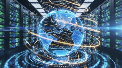 Fast orbiting camera around digital earth globe in server room. Dynamic motion trails on global network model. Futuristic data connectivity and cloud computing visualization concept.