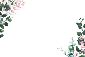 Watercolor hand painted green, blue, turquoise eucalyptus twigs and pink leaves frame. Floral template design clipart.
