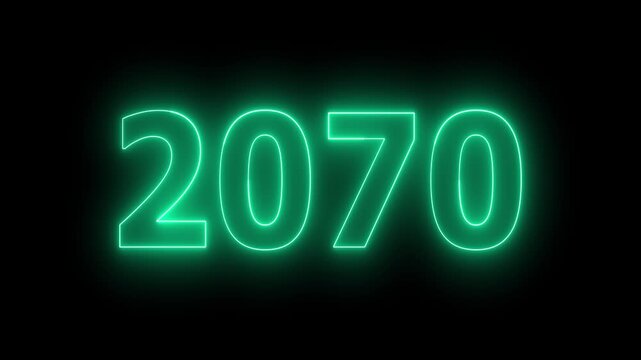 Glowing neon 2070 Happy New Year text with clean neon outlines and subtle. important year, important date 2070. Educational mathematics 2070 animation on background...