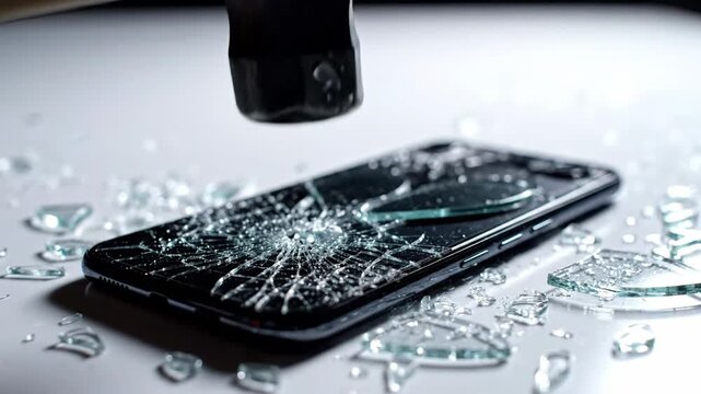 Hammer smashing a smartphone screen into pieces.