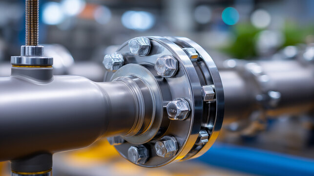 Close-up of industrial pipeline flange connection with bolts and gasket, technical joint detail, precision engineering assembly, metallic components and seals, maintenance inspecti