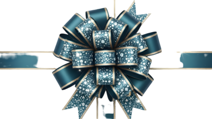 Large teal gift bow with white polka dots and gold trim on white background, wrapping ribbon