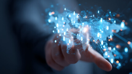 Human hand touching glowing global network data visualization digital