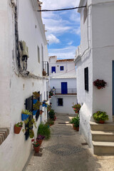 Fototapeta premium A peaceful walk through the charming narrow streets, surrounded by whitewashed houses and colorful flowers in Frigiliana, Spain