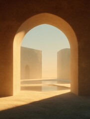 Fototapeta premium Soft Golden Haze Captures a Middle Eastern Architectural Space With a Clean and Open Center Beneath Warm Sunlight