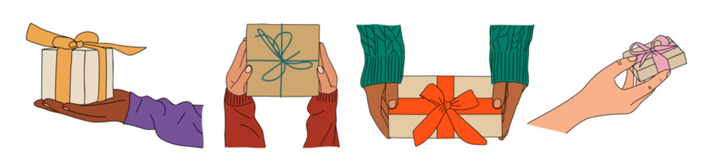 Set of hands holding wrapped presents in festive colors, symbolizing celebration and gift exchange. Simple vector hand drawn vector illustrations isolated on transparent background 