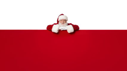 Santa Claus leaning on red large banner isolated on transparent PNG background with space for text or design.