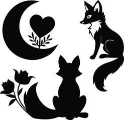Black Silhouette Foxes Moon Heart and Flowers on White