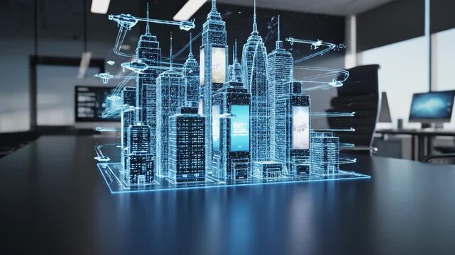 Holographic city skyline materializing on office desk. Futuristic 3D wireframe model of skyscrapers emerging in sequence. Digital urban architecture visualization for planning and development