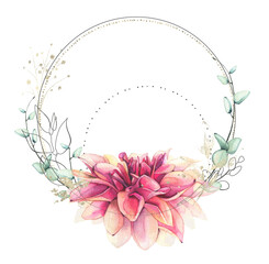 Watercolor hand painted pink and orange dahlia and delicate turquoise eucalyptus twigs round line frame. Golden texture. Floral template design clipart.