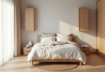 A bedroom with a large bed, decorated in Scandinavian style using warm natural materials and minimal decor. Pantone Color of the Year 11-4201. Frontal view