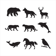 Black animal silhouettes of bear wolf deer panther dolphin whale horse bird bear silhouette
