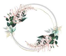 Watercolor hand painted green, turquoise, golden and pink leaves, branches wreath. Floral arrangement design.