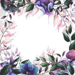 Watercolor hand painted blue, violet, purple hydrangea flowers, green eucalyptus branches, pink leaves round frame. Floral template design