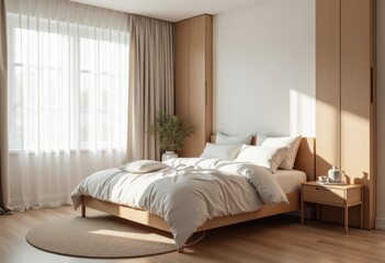 A bedroom with a king-size bed, decorated in Scandinavian style using warm natural materials and minimal decor. Pantone Color of the Year 11-4201. Side view