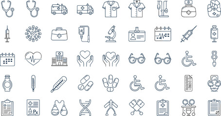 Healthcare and medical line icon set, stethoscope, ambulance, hospital, syringe, pills, DNA, virus, and first aid symbol vector collection.
