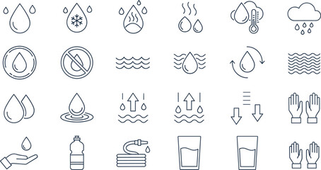 Water drop, liquid, and fluid outline icon set, line vector illustration for climate, rain, weather, washing, hydration, and natural resources.