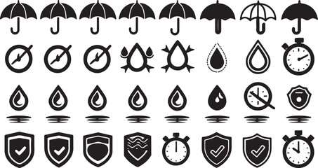 Collection of black and white icons representing protection, weather resistance, and timekeeping elements