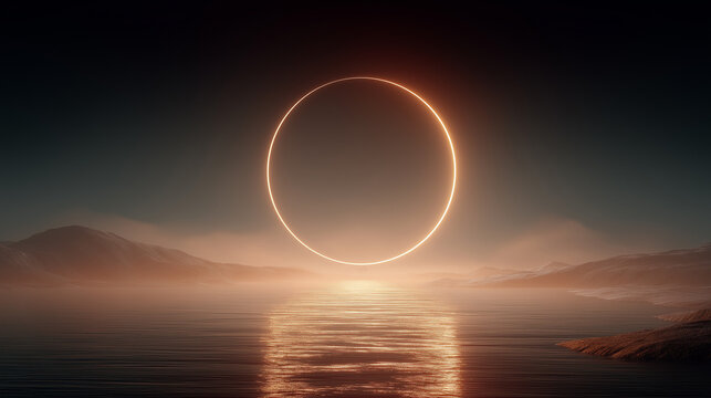 Mystical Portal: A glowing orange circle hovers above a serene body of water, reflected in the glassy surface and set against a moody, atmospheric backdrop. 