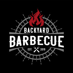 Barbecue grill bbq logo with fork and fire. Barbeque restaurant vector template.