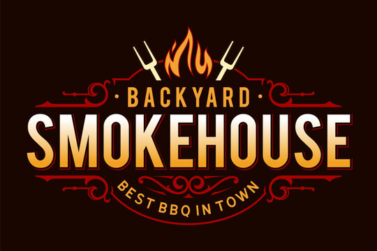 Antique retro vintage barbecue bbq logo with fork and fire flame. Barbeque party, smokehouse, grill restaurant vector template.