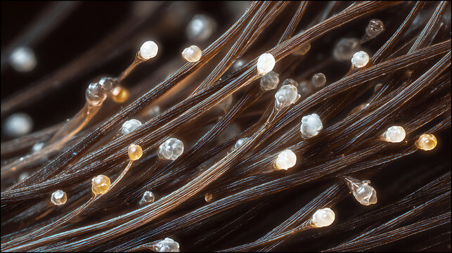 Macro view of nits attached to dark brown hair strands close-up lice eggs