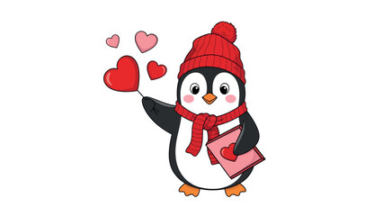 cartoon penguin in red hat and scarf holding heart and valentine card