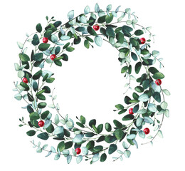 Watercolor hand painted green, blue, turquoise eucalyptus twigs, leaves with red balls wreath frame. Floral template design clipart.