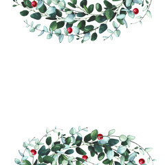 Watercolor hand painted green, blue, turquoise eucalyptus twigs, leaves, red beads wreath frame. Floral template design clipart.