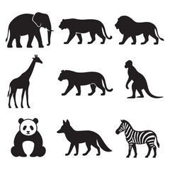 Black silhouettes of diverse wild animals on white background elephant tiger