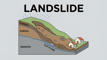 Diagrammatic illustration showing the geological layers, heavy rainfall, and mechanism of a rotational landslide, including topsoil, subsoil, bedrock, and slip plane affecting houses.