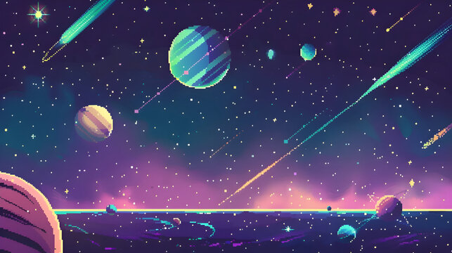 Cosmic pixel art scene with twinkling stars and vibrant planets in space