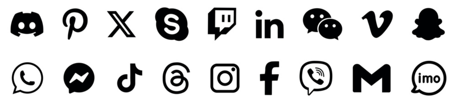Black social media and messenger icons vector set