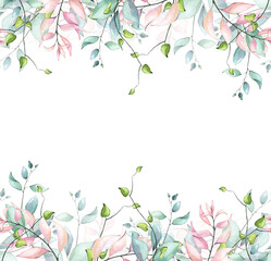 Watercolor hand painted blue, pink, turquoise, green branches and leaves delicate seamless border. Floral arrangement template design clipart.