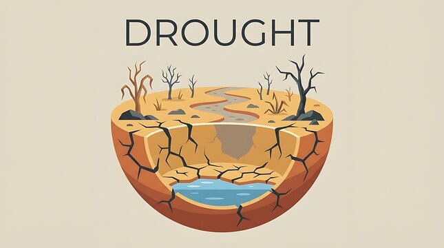 Conceptual illustration of drought showing a cross-section of cracked dry earth, dead trees, and a small pool of depleted water, symbolizing water scarcity and climate change.