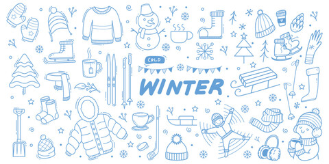 Winter and Christmas monochrome doodles collection for stickers, prints, coloring pages, scrapbooking, cards, banners, etc.