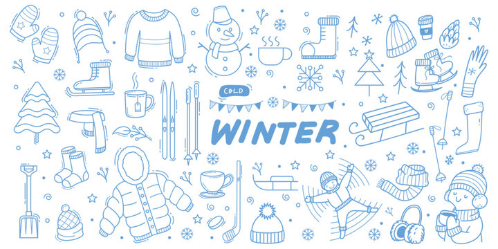 Winter and Christmas monochrome doodles collection for stickers, prints, coloring pages, scrapbooking, cards, banners, etc.